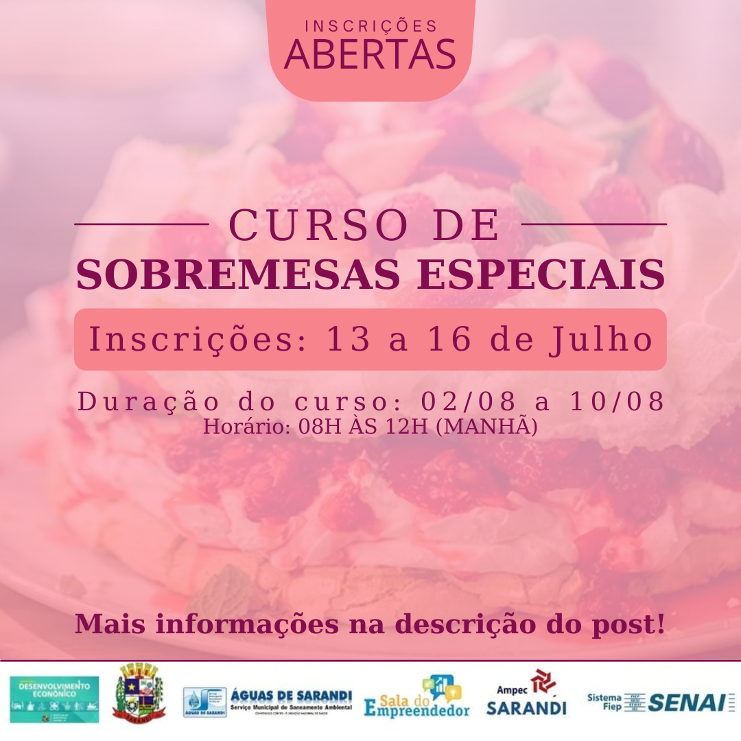 Curso gratuito de Sobremesas Especiais - Vagas Limitadas